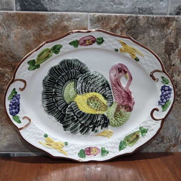 Vintage California Pottery Turkey Thanksgiving Serving Platter Oval Hand Painted - Picture 1 of 15